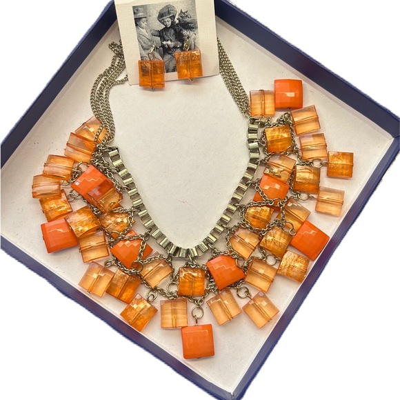 Orange and Gold Beaded Necklace and Earring Set - Picture 1 of 5